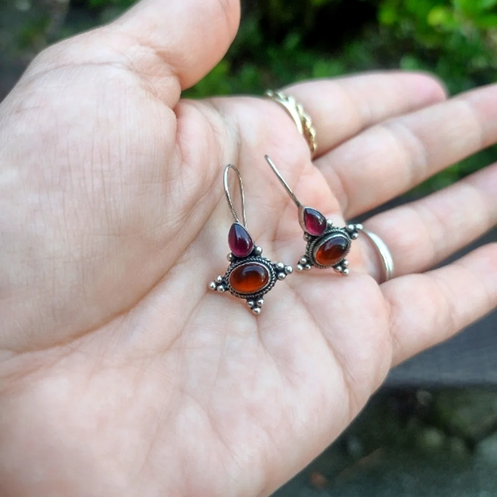 SS 925 Garnet And Amber Earrings - Picture 3 of 8